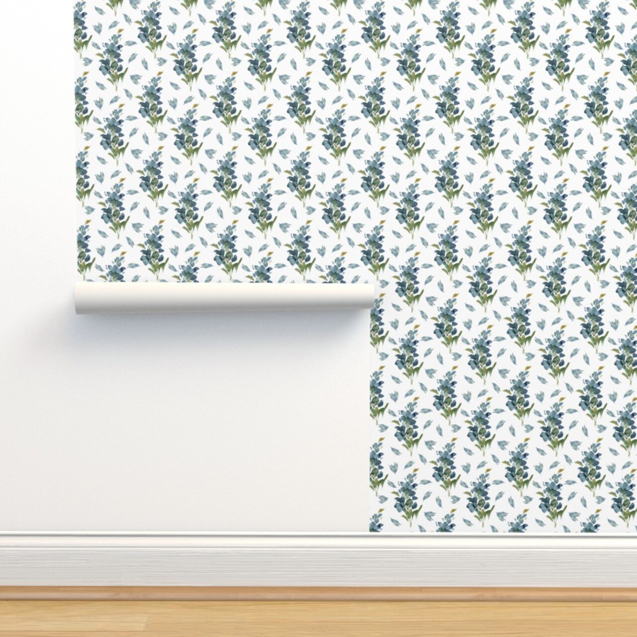 Blue Floral Botanical Cottage Watercolor Flower Bonnet Spring Granny Chic Cottagecore French Country Farmhouse Large Scale Custom Pre-pasted Wallpaper by Spoonflower Pre-Pasted Wallpaper 2FT Wide